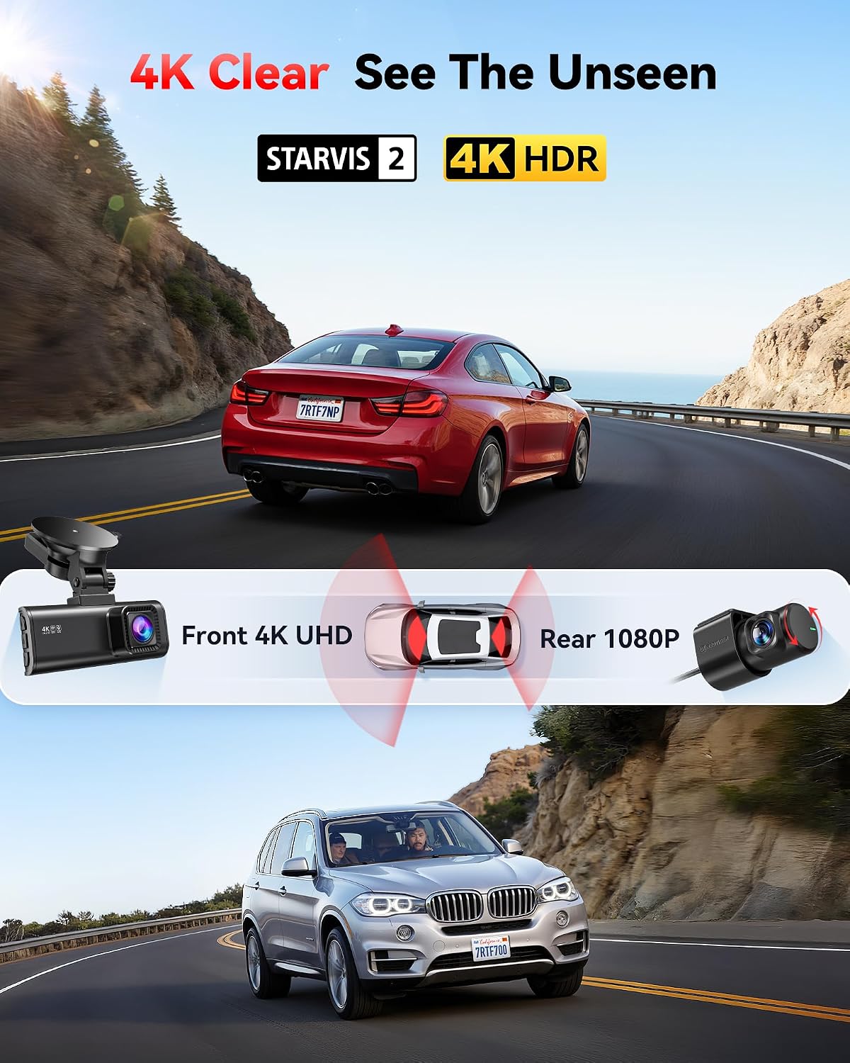redtiger f7np 4k dash cam front rear, starvis shown in use