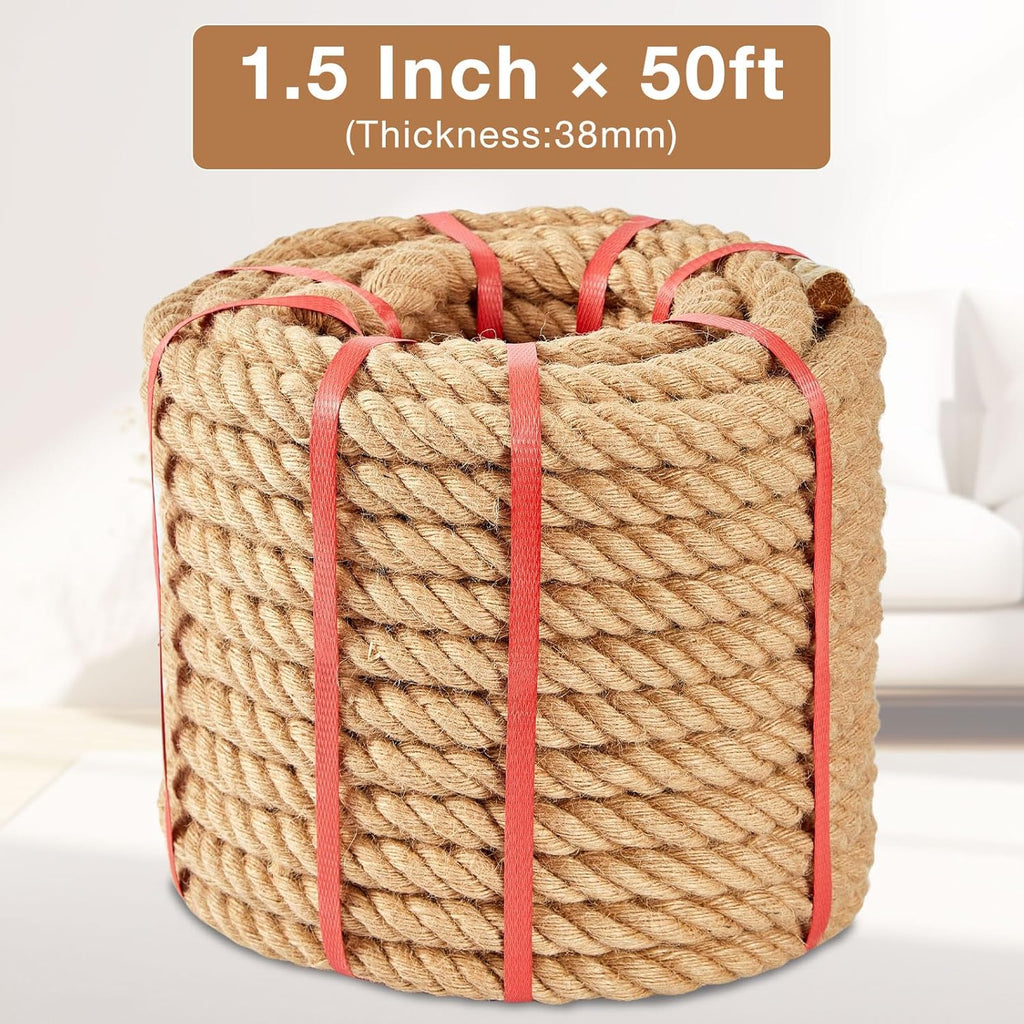 Jute Rope 1.5 Inch x 50 FT, Hemp Rope Twisted Heavy Duty, Perfect for Home Decor, Crafts, Landscaping, Cat Scratching Posts, DIY Projects