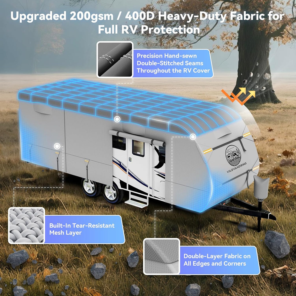 Heavy Duty Travel Trailer RV Cover 14-16ft, 8 Layers Breathable Waterproof Rip-Stop Camper Cover with Adhesive Repair Patches, Gutter, Tire & Additional Straps