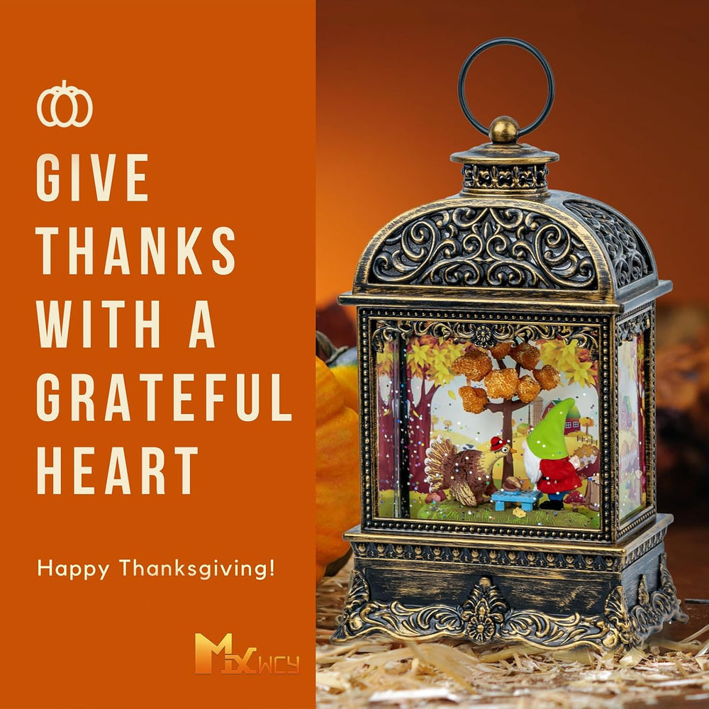 Fall Decor Snow Globe Lantern, Thanksgiving Decoration Swirling Glitter Gnome...