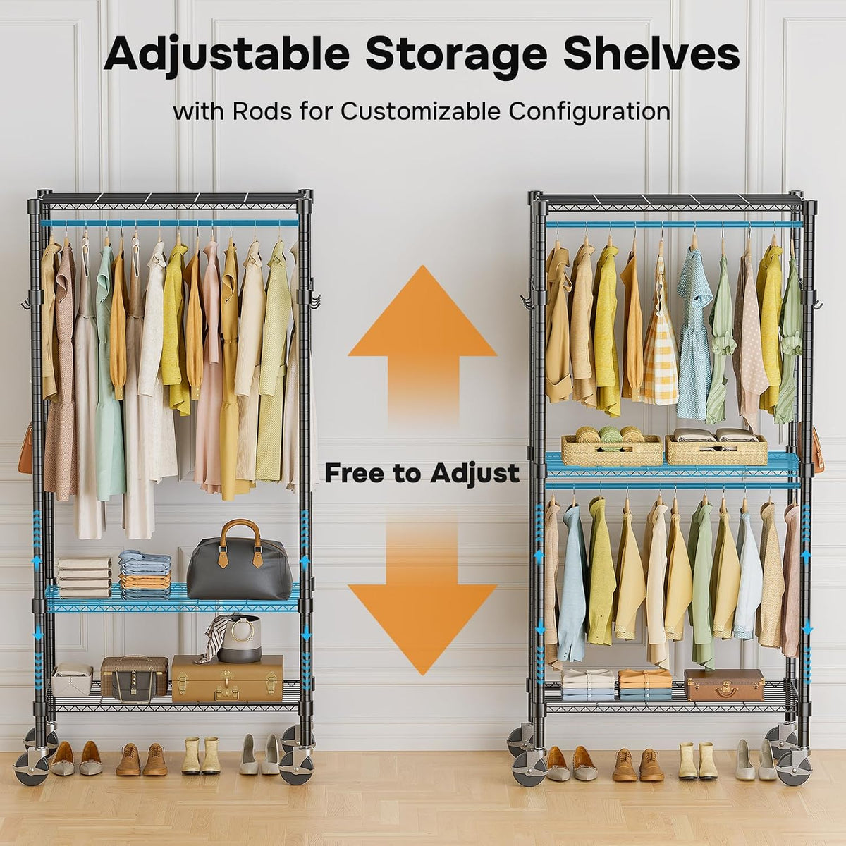 simple deluxe rolling clothes rack, heavy duty clothing showing dimensions