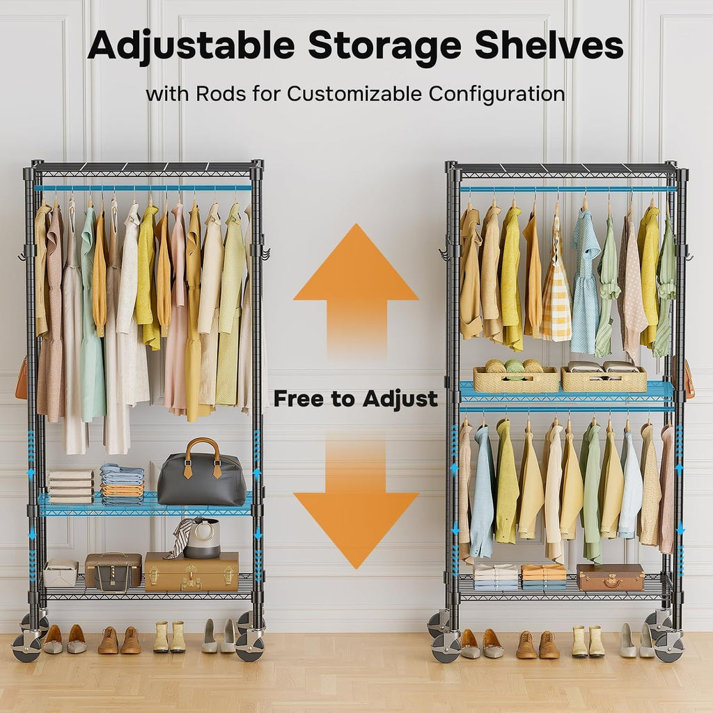 simple deluxe rolling clothes rack, heavy duty clothing showing dimensions