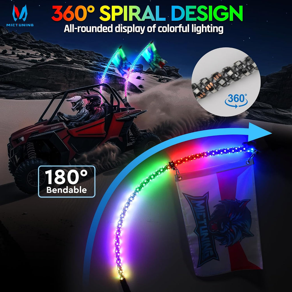 MICTUNING 2pc 4ft Spiral LED Whip Lights with 8 Flags, RF Remote & App Control, RGB Chasing Lighted Whips with Rocker Switch, Music Synced Whip Light for UTV ATV Polaris RZR Can-Am