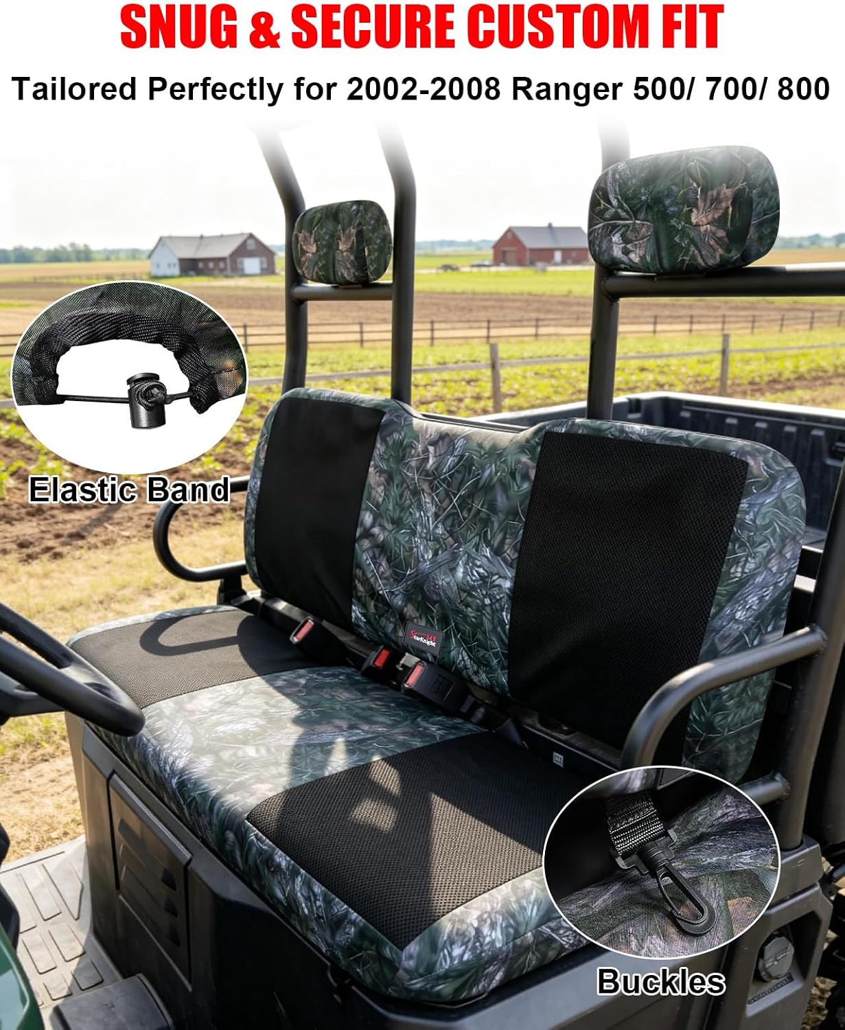 StarknightMT Camo Seat Covers Compatible with 2002-2008 Polaris Ranger 500 700 800, Full Set Water-Resistant Neoprene UTV Bench Protector Against Pet Scratches and Sun