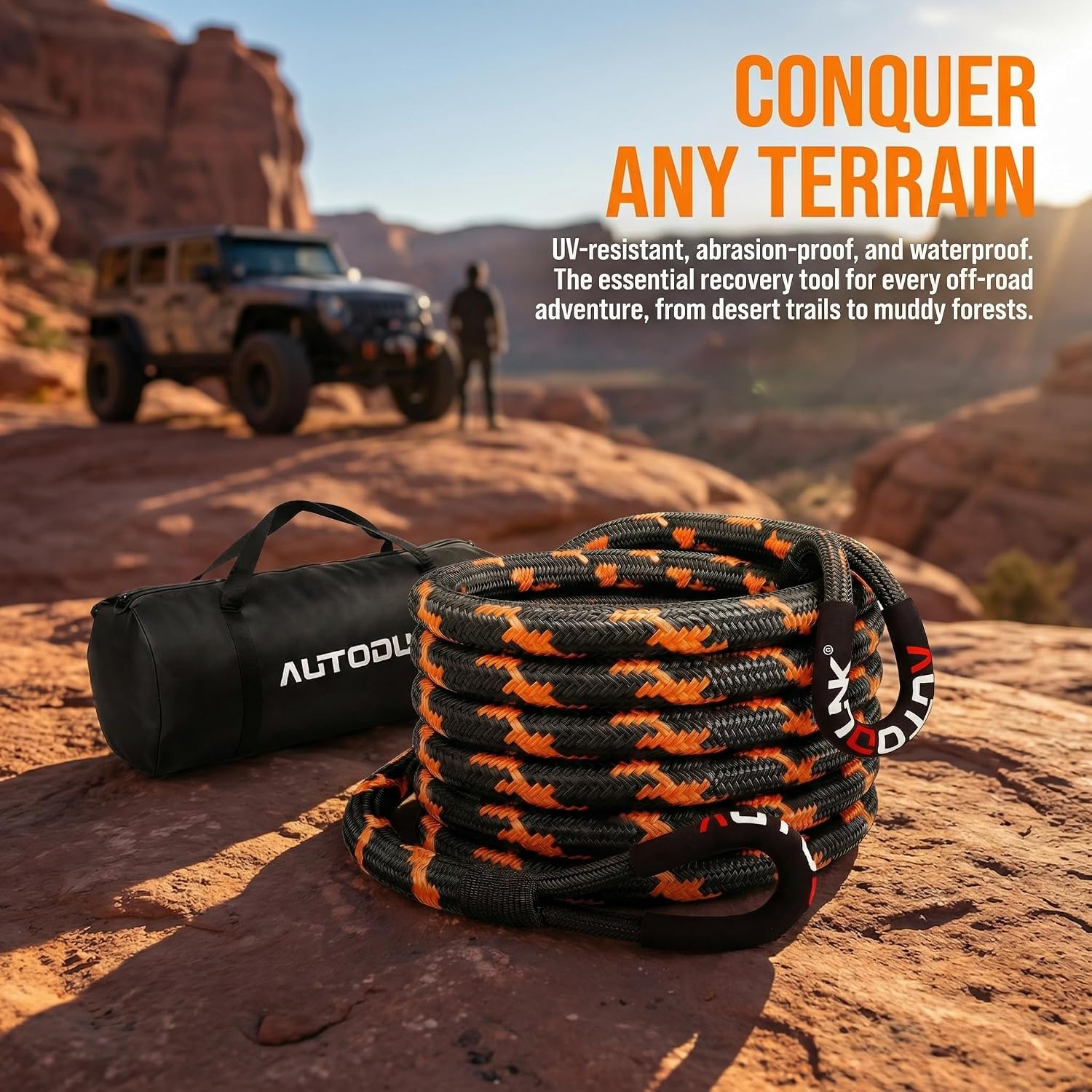 1-1/8" x 30' Kinetic Recovery Tow Rope (48,600lbs), with 2 Soft Shackles Offroad Recovery Kit for 4WD Pick Up Truck, SUV, ATV, UTV (Black&Orange)