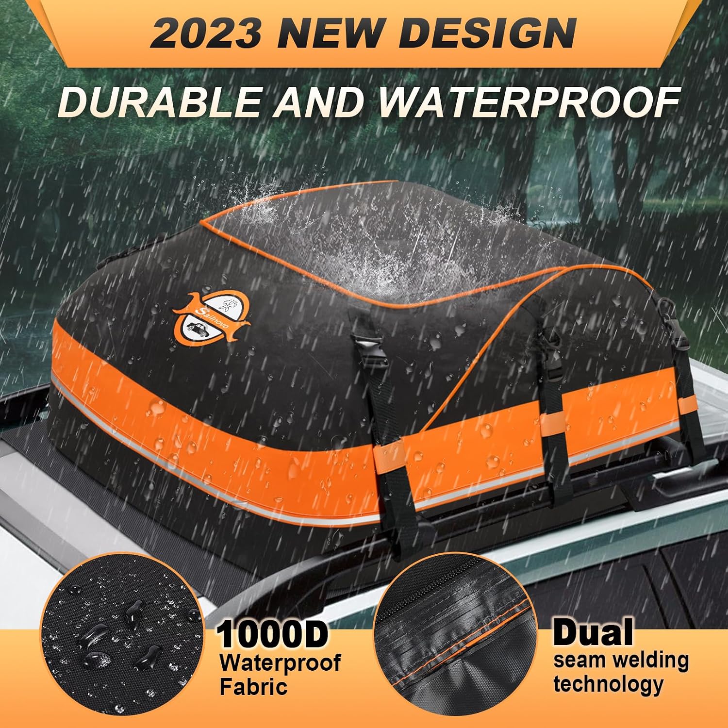 Sailnovo 20 Cubic Feet/580L Car Roof Bag, Waterproof Car Roof Storage Box | Heavy Duty Roof Boxes for Cars with Roof Bars or No Rack | With Reinforced Straps, Door Hooks & Storage Bag | Orange