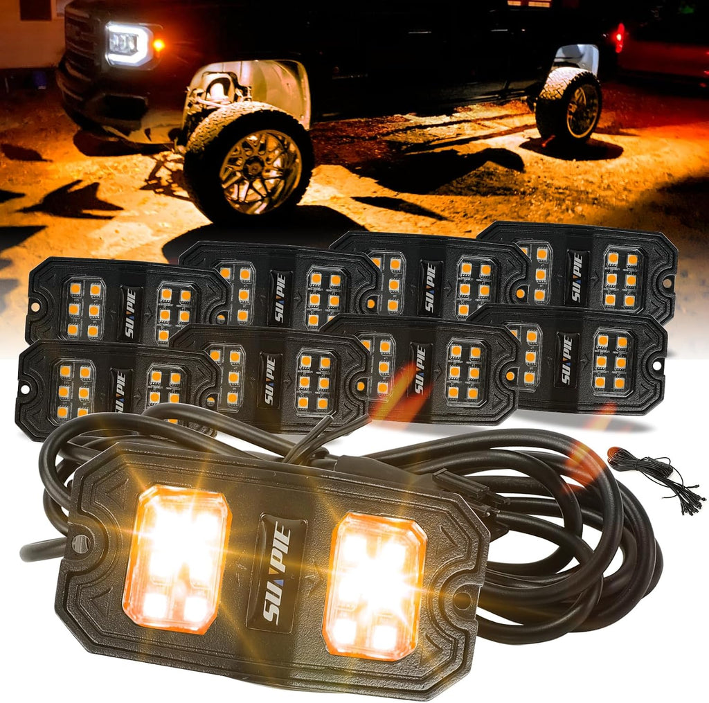 SUNPIE 8 Pods Quick Connect Amber Rock Lights, 18 Wide Angle Chips, 4M Extension Wires Each Light, Mounting Pads, IP67 Waterproof, Fits for Trucks Trailer SUV ATV UTV