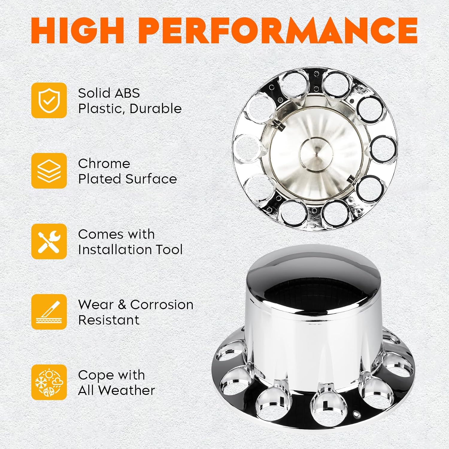 Chrome ABS 33 mm Thread-On Dome Axle Cover Combo Kit, 2 Front and 4 Rear with Removable Hub Caps and Lug Nut Covers for Semi Truck