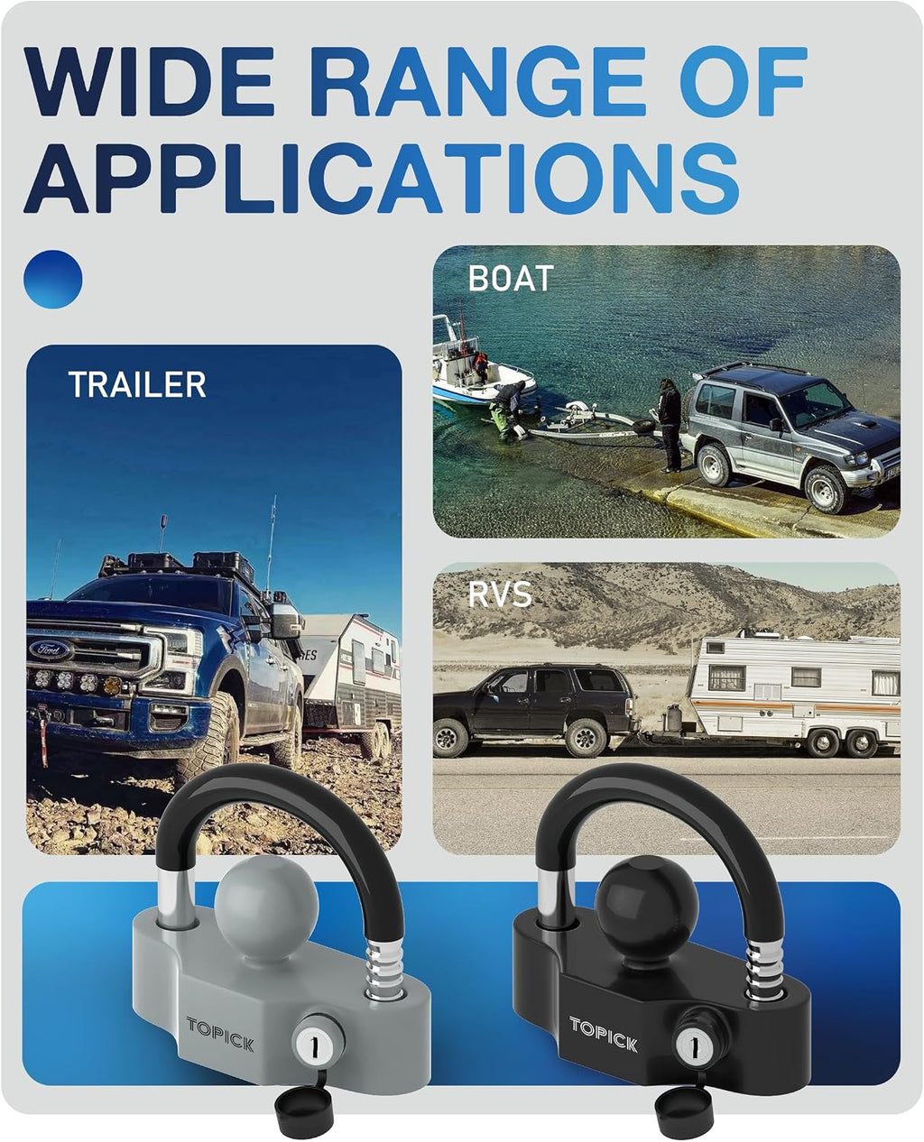 TOPICK Heavy-Duty Trailer Coupler Lock with PVC-Coated U-Bolt, Universal Fit for 1-7/8", 2", 2-5/16" Hitch Couplers, Anti-Theft Security for RV, Boat, Utility Trailers, Black