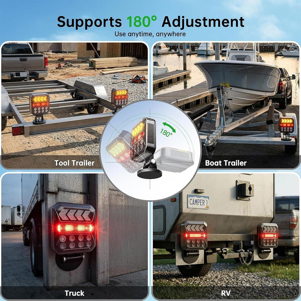 wireless trailer lights, solar rechargeable magnetic tow lights showing dimensions