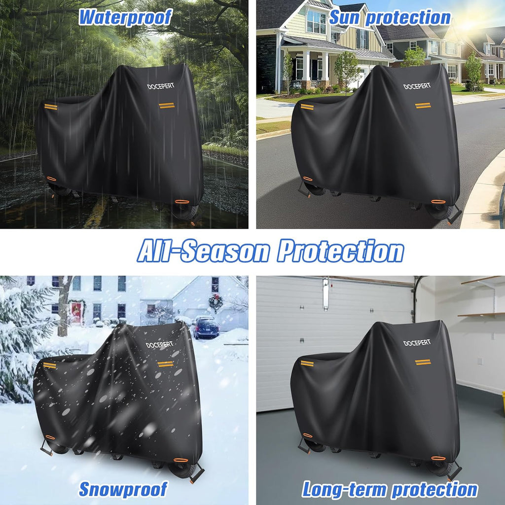 Motorcycle Cover Waterproof Outdoor, 420D Oxford All Season Universal Large Motorcycle Cover Indoor&Outdoor for Snow/Rain/Dust,4 Reflective Strips,3 Windproof Buckles (XXL 91"x38"x51")