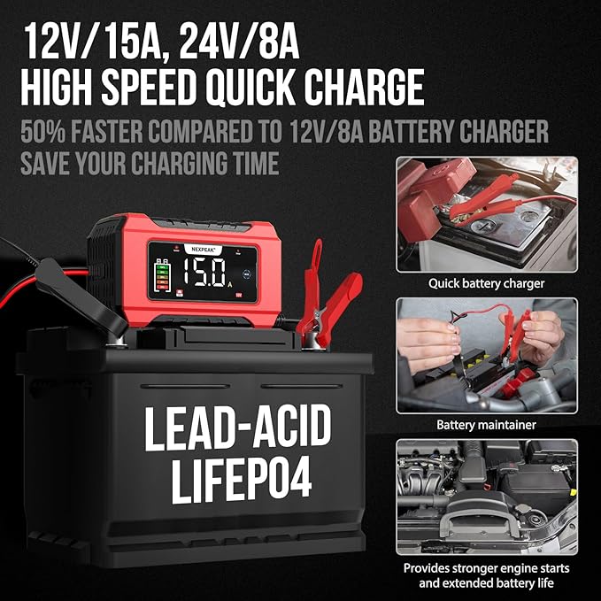 NEXPEAK NC215 15-Amp Battery Charger, 12V 24V LiFePO4 Lead Acid Portable Car - Image 2