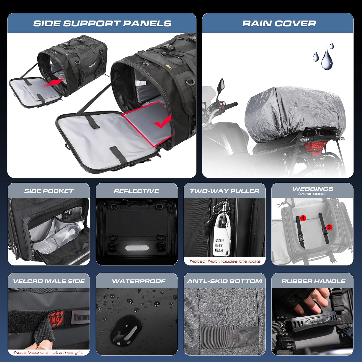 Rhinowalk Motorcycle Tail Bag, Expandable Motorcycle Travel Luggage Bags 60L, Waterproof All-Weather Trunk Rack Bag with Sissy Bar Straps & Helmet Rain Cover-Black