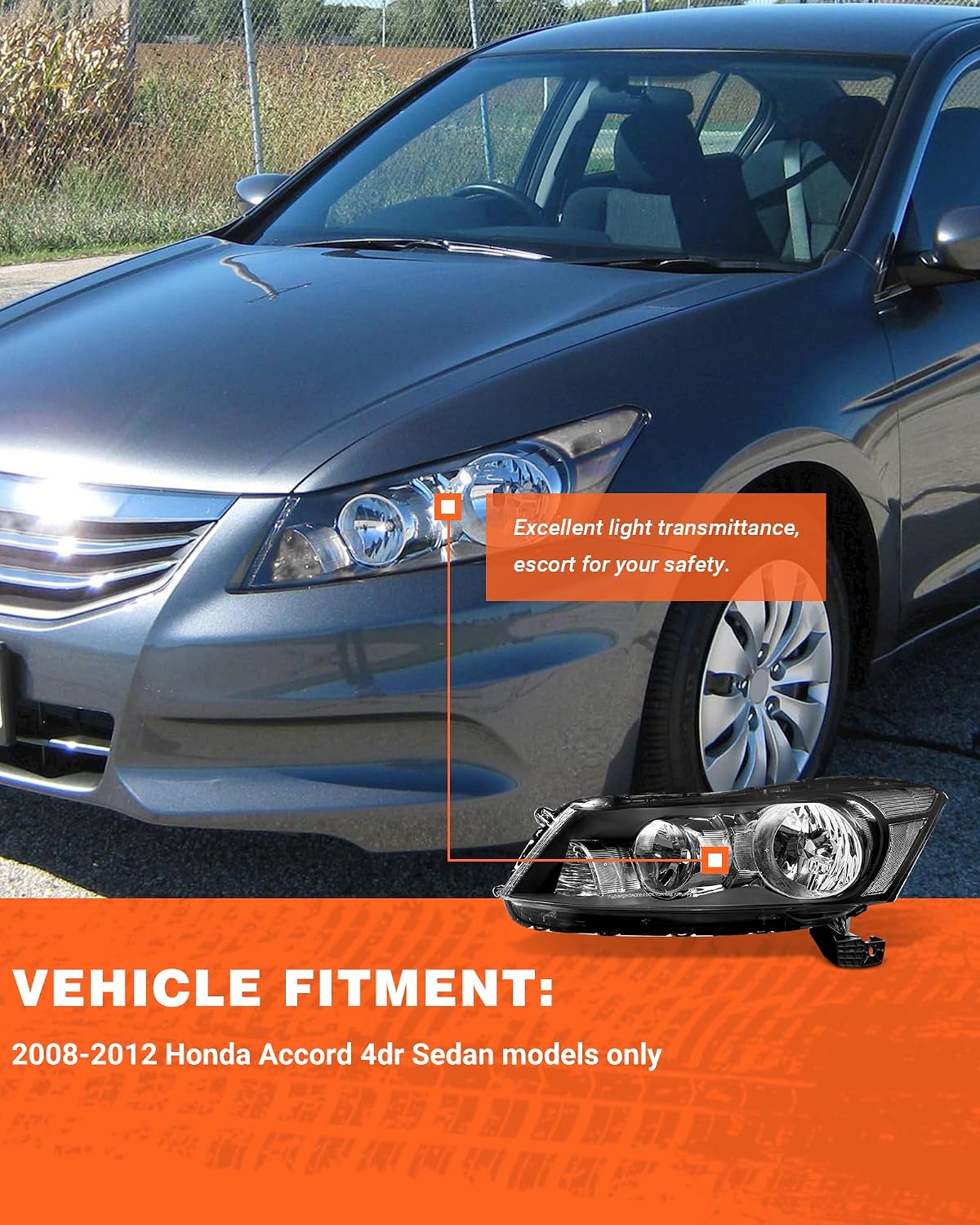 Headlights Assembly for 2008-2012 Honda Accord 4dr Black Housing Clear Reflector Clear Lens Headlamp Replacement Left and Right Pair NOT fit coupe models or Crosstour models(Bulbs not included