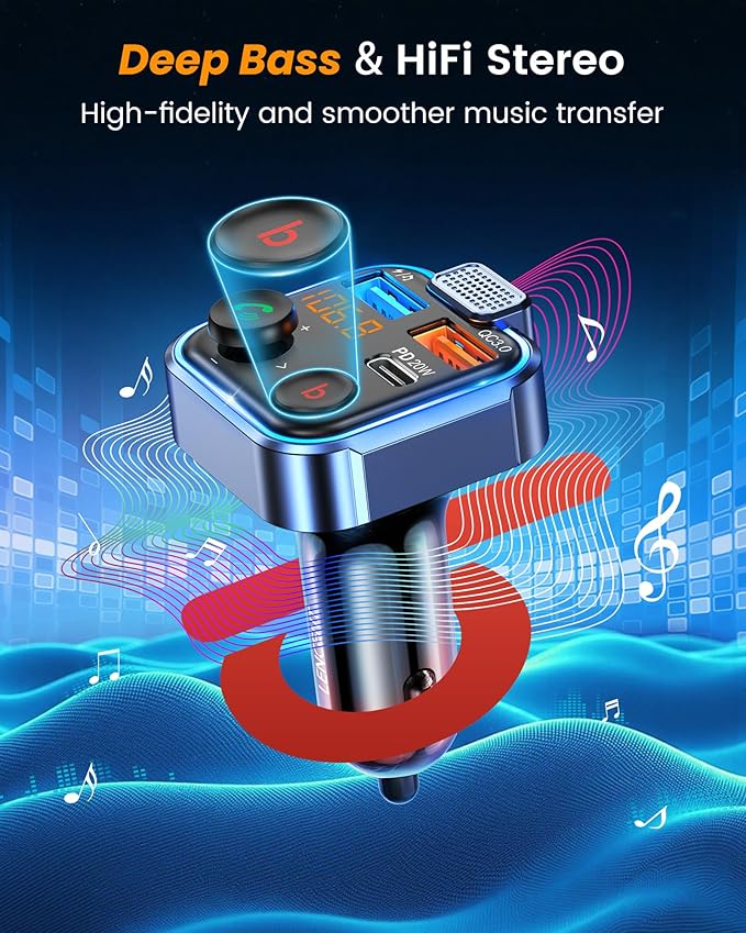 LENCENT FM Transmitter in-Car Adapter, Type-C PD 20W+ QC3.0 Fast USB Charger - Image 3