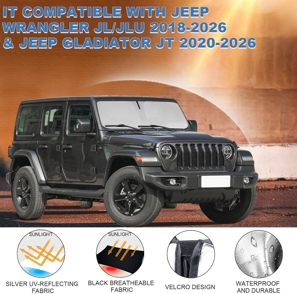 2026 Upgrade Front Windshield Sun Shade Foldable Jeep Wrangler Sun Shade/Jeep Gladiator Sun Shade fit for Jeep Wrangler JL JLU 2018-2026 / Jeep Gladiator 2020-2026 |Keep Car Interior Cooler|