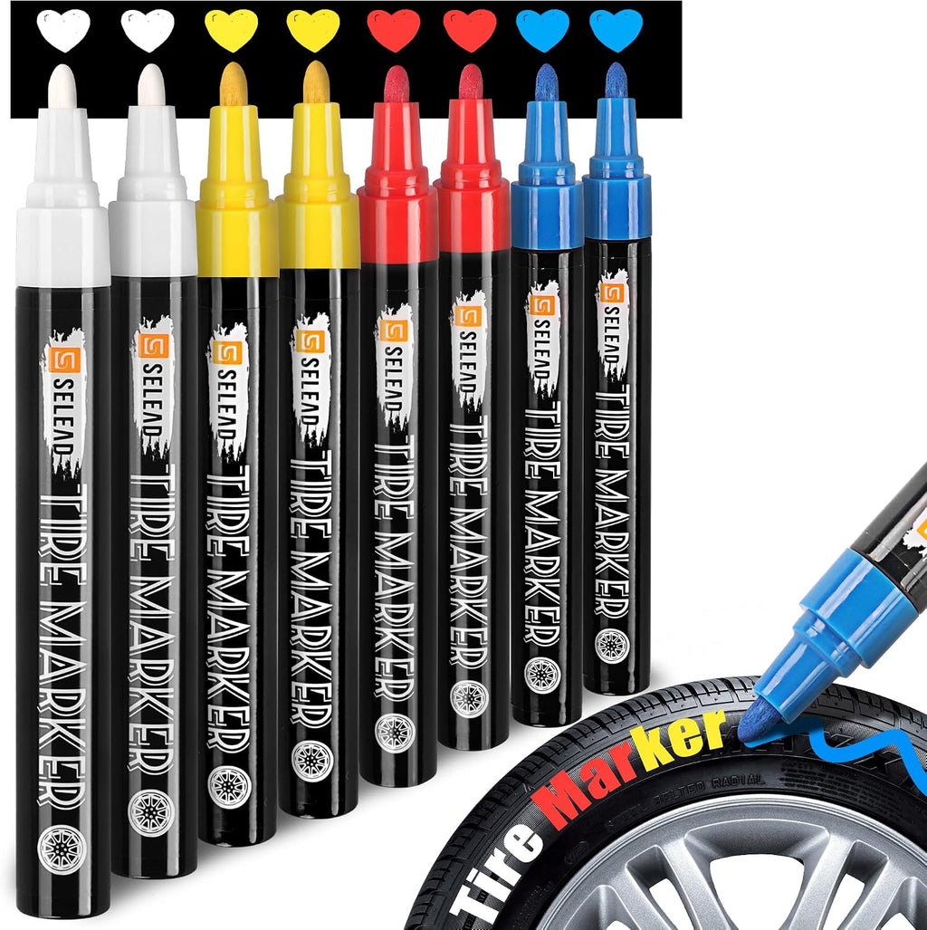 SELEAD 8-Pack White Red Yellow Blue Medium Tip Tire Markers + 4-Pack White Jumbo Wide Tip Tire Paint Pens for Car Tires Lettering