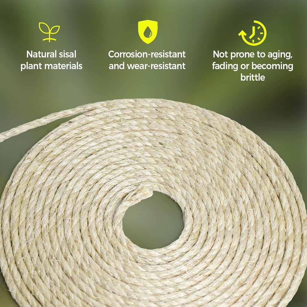YALAVA Natural Sisal Rope for Cat Scratching Posts, 3/8 Inch 100FT Abrasion Resistance Rope, Multipurpose for Cat Tree Repair, DIY Projects, Furniture Wrapping, Indoor/Outdoor Use (Beige)
