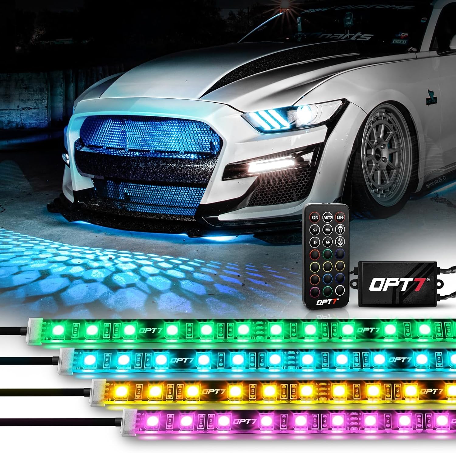 OPT7 Aura 4PCS RGB LED Grille Lights with Remote Control, 12 inches Waterproof LED Strip Lights, Multicolor, Dimmer, Fade, Cycle, Strobe, Peel'n'Stick Front Grill Valence, Car Truck SUV Decorations