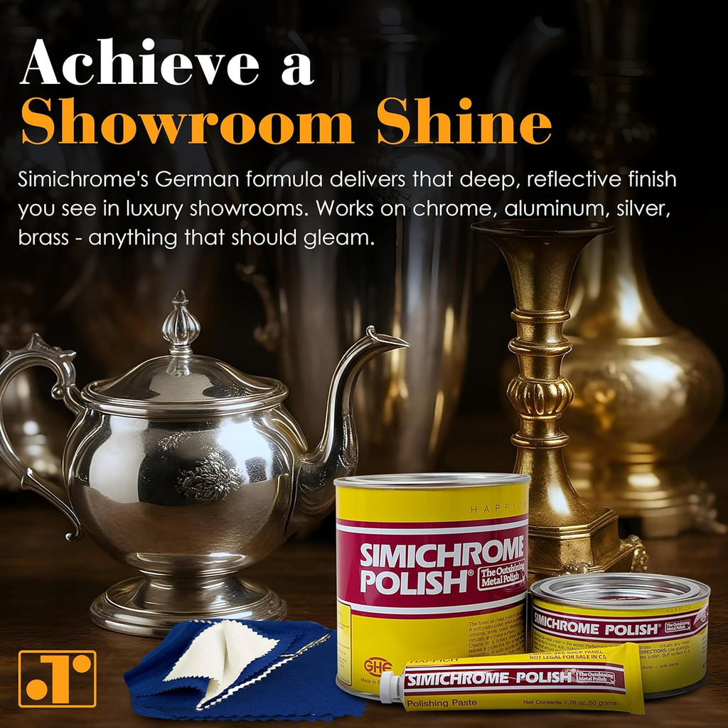 Rosenthal Collection – Simichrome Metal Polish Cream for Chrome, Aluminum, Silver & More – Heavy-Duty Mirror Finish Polish for Cars, Tools, Jewelry – 250g Can with Bonus Polishing Cloth
