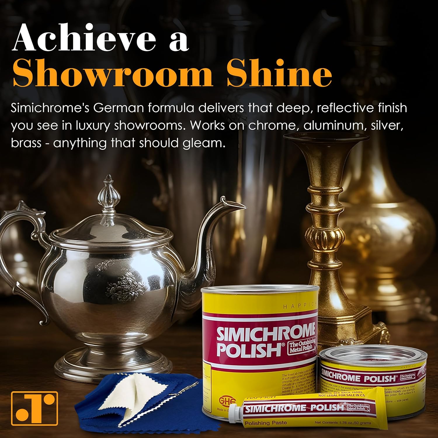 Rosenthal Collection – Simichrome Metal Polish Cream for Chrome, Aluminum, Silver & More – Heavy-Duty Mirror Finish Polish for Cars, Tools, Jewelry – 250g Can with Bonus Polishing Cloth