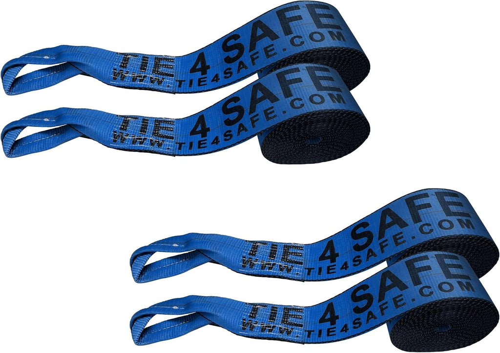 Mega Cargo Control 4" Flatbed Winch Straps with Loop Ends - 5,400 Lbs WLL Heavy Duty Tie Downs (4 Pack) 30' Long Blue Webbing