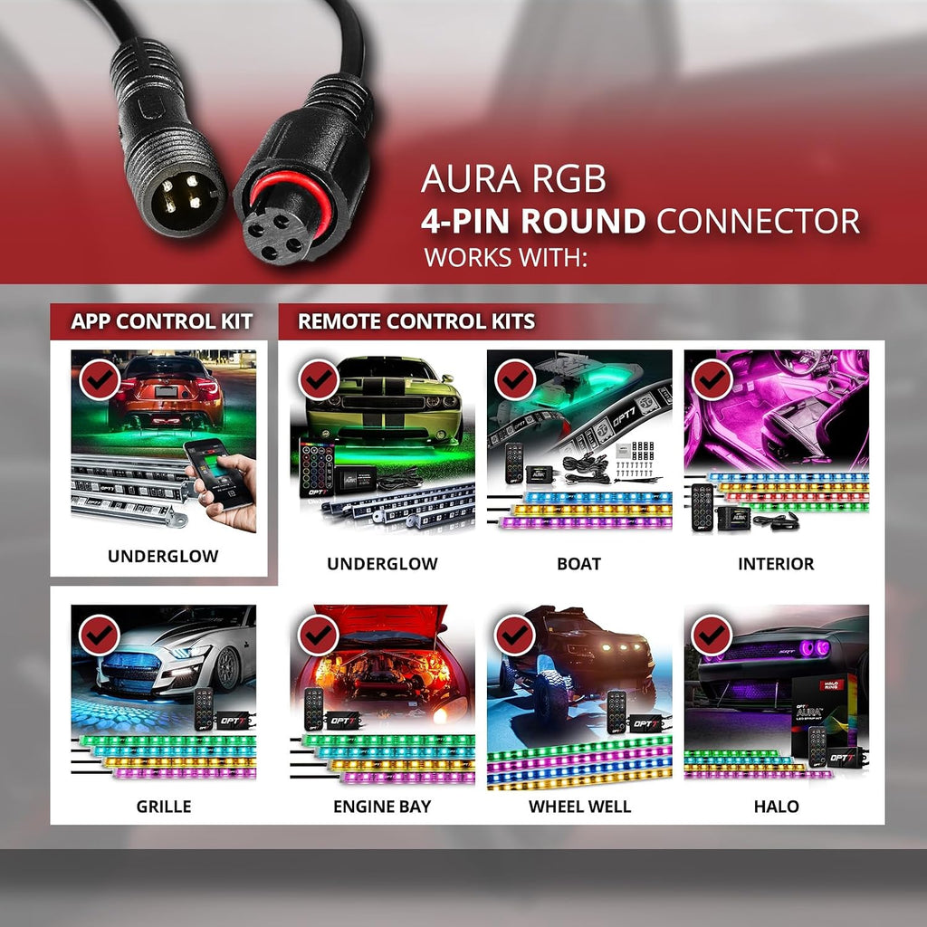 OPT7 Aura 2pc 4-Pin RGB 5ft Extension Wires, Compatible ONLY with Aura LED Light Kits, Waterproof Round Connector, for Car Interior, Underglow, Grille, Wheel Well, Engine Bay, Boat Lighting