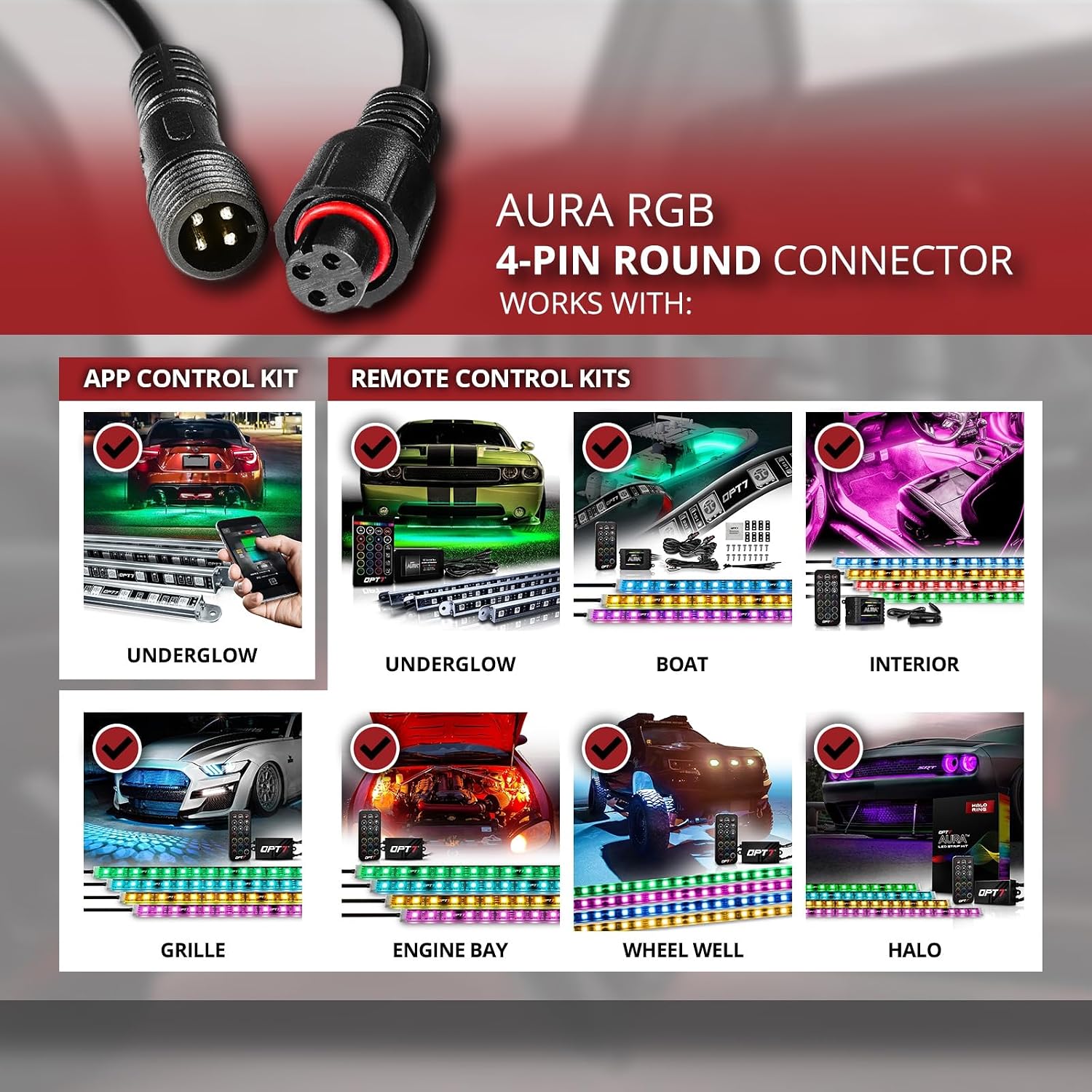 OPT7 Aura 2pc 4-Pin RGB 5ft Extension Wires, Compatible ONLY with Aura LED Light Kits, Waterproof Round Connector, for Car Interior, Underglow, Grille, Wheel Well, Engine Bay, Boat Lighting