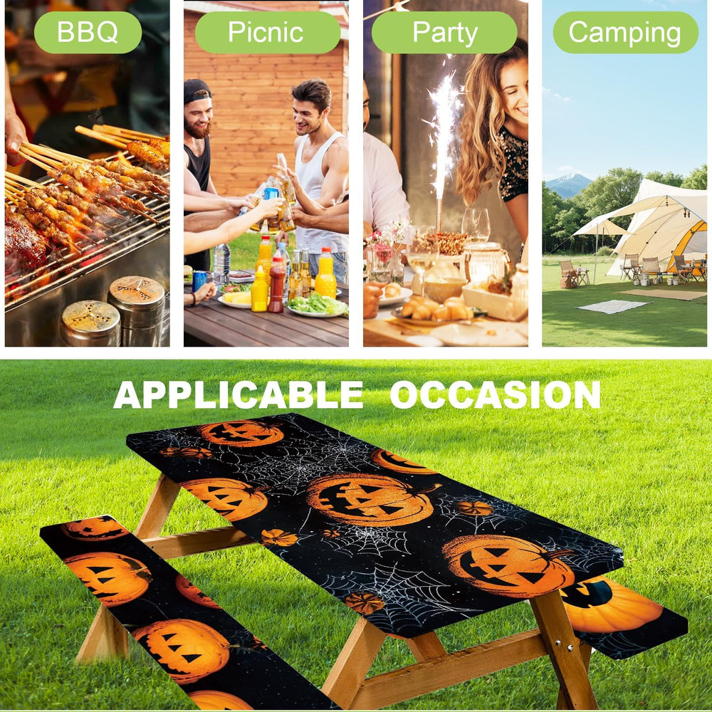 ANNA QUEEN Halloween Pumpkin 6FT Picnic Table Cover Set, Spooky 3PCS 72"...