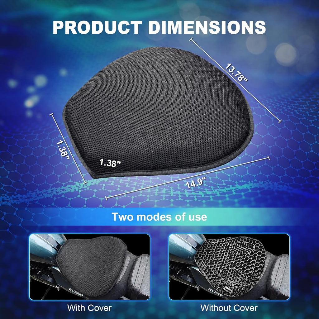 Motorcycle Seat Cushion, 3D Honeycomb Gel Pad, Pressure Relief Shock Absorption, Breathable Non-Slip Universal Cover for Long Ride, Fits Cruiser Street Touring Bike (Four Seasons)