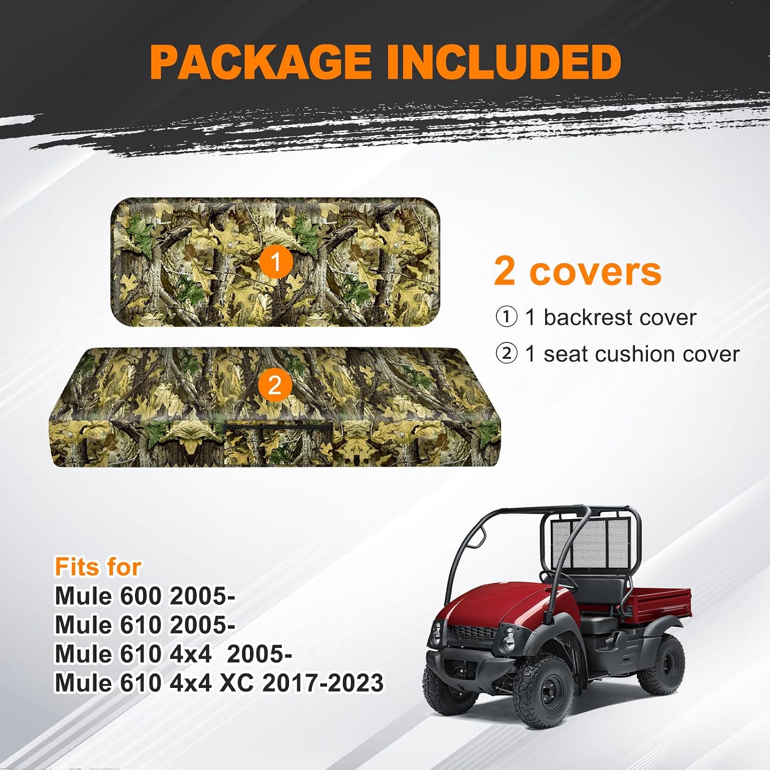 BORDAN UTV Waterproof Seat Cover for Kawasaki Mule 600 610 2005-2016 Mule SX 2017-2023, Heavy Duty 1680D Full Protection Camo Seat Cover for UTV Outdoor(2 PCS)