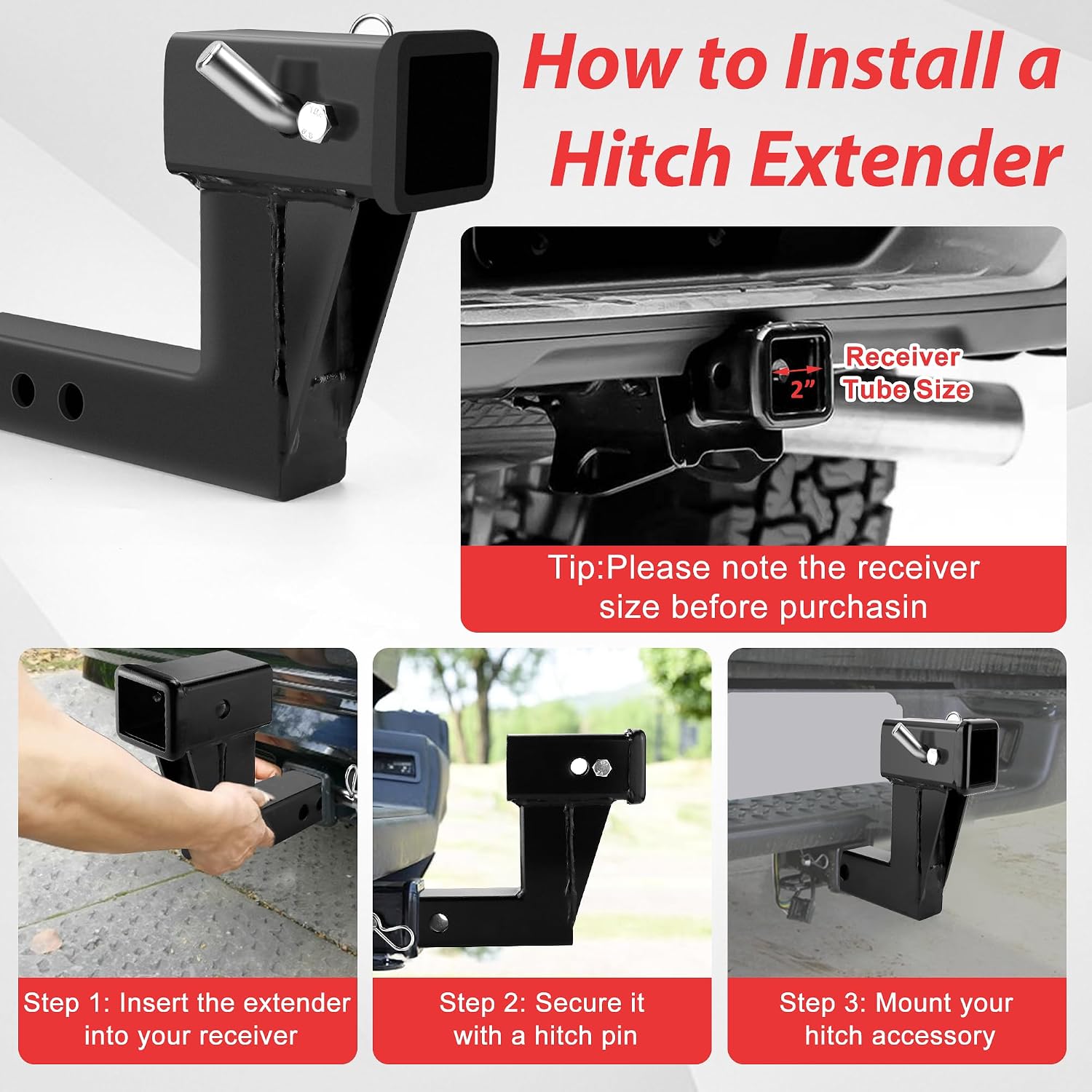 2 Inch Trailer Hitch Receiver Extension with 6 inch Rise/Drop Compatible with All Standard 2" Hitch Receivers Trailer Hitch Riser Extender with Pin and Clip by Fetechmate