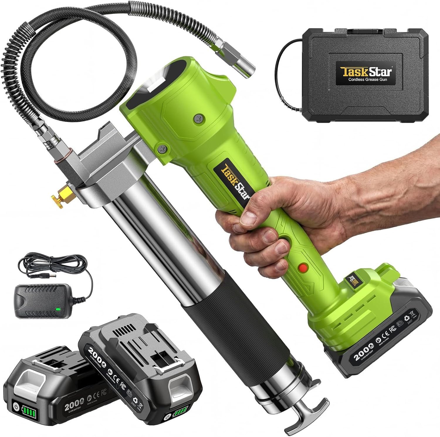 TaskStar Grease Gun with Lock-On Trigger for Effortless Greasing, Cordless Electric Grease Gun Kit, 2 Batteries, 40" Hose & LED Light, 14 oz Capacity for Tractor, Truck & Equipment Maintenance