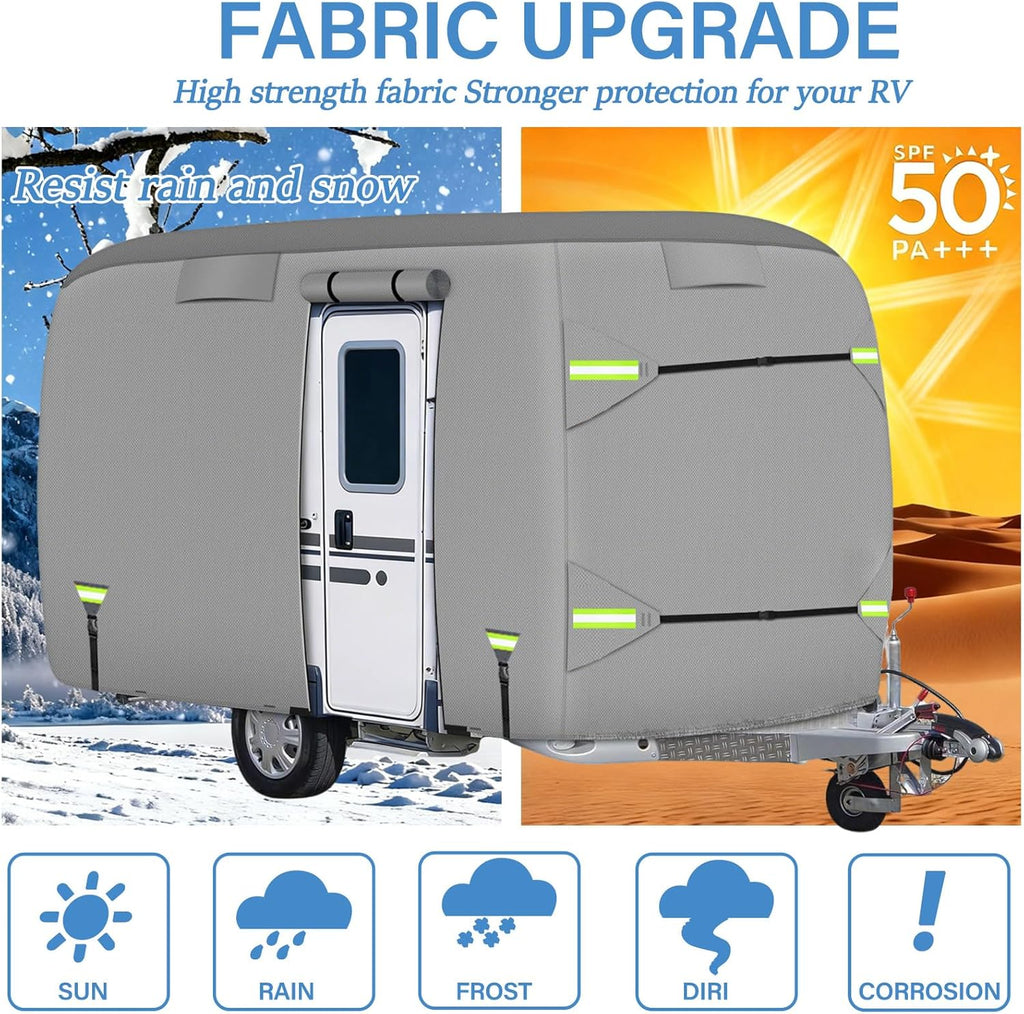 Fiberglass Travel Trailer Cover, Upgraded 8 Layers Top Fits 11 to 13 Feet Trailers, Waterproof Camper Cover, RV Cover with Extra Windproof Ropes, Adhesive Repair Patche