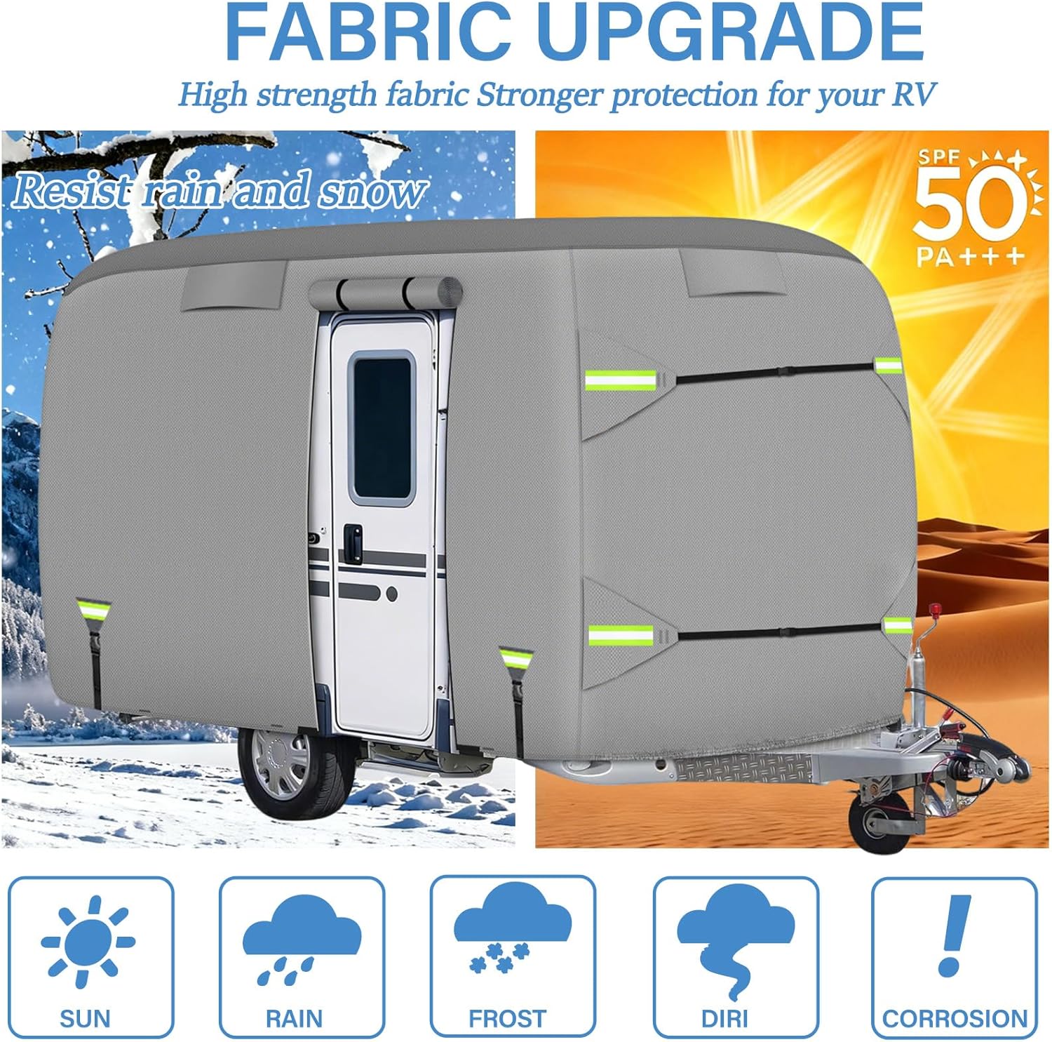 Fiberglass Travel Trailer Cover, Upgraded 8 Layers Top Fits 11 to 13 Feet Trailers, Waterproof Camper Cover, RV Cover with Extra Windproof Ropes, Adhesive Repair Patche