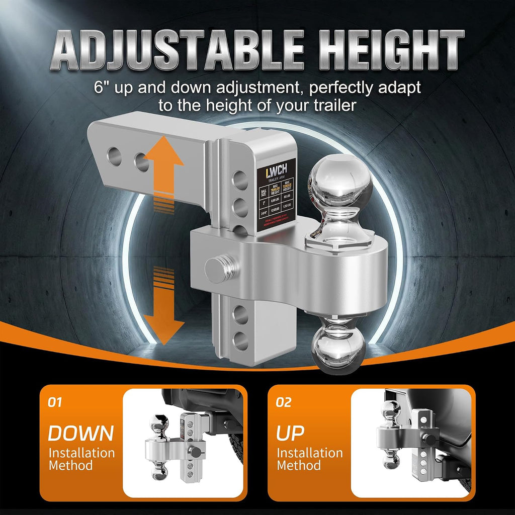 Adjustable Trailer Hitch, Fit 2.5 Inch Receiver, 18,500 LBS GTW, Heavy Duty Aluminum Drop Hitch with 2" & 2-5/16" Chrome Plated Steel Ball Mounts for Trucks, 6 Inch Drop/Rise, 2 Anti-Theft Pins