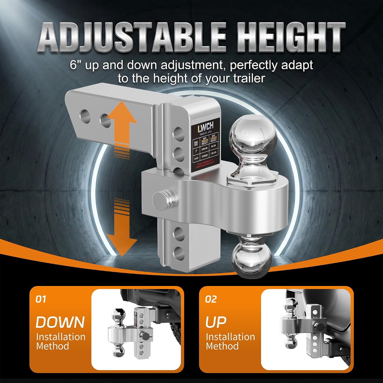 Adjustable Trailer Hitch, Fit 2.5 Inch Receiver, 18,500 LBS GTW, Heavy Duty Aluminum Drop Hitch with 2" & 2-5/16" Chrome Plated Steel Ball Mounts for Trucks, 6 Inch Drop/Rise, 2 Anti-Theft Pins