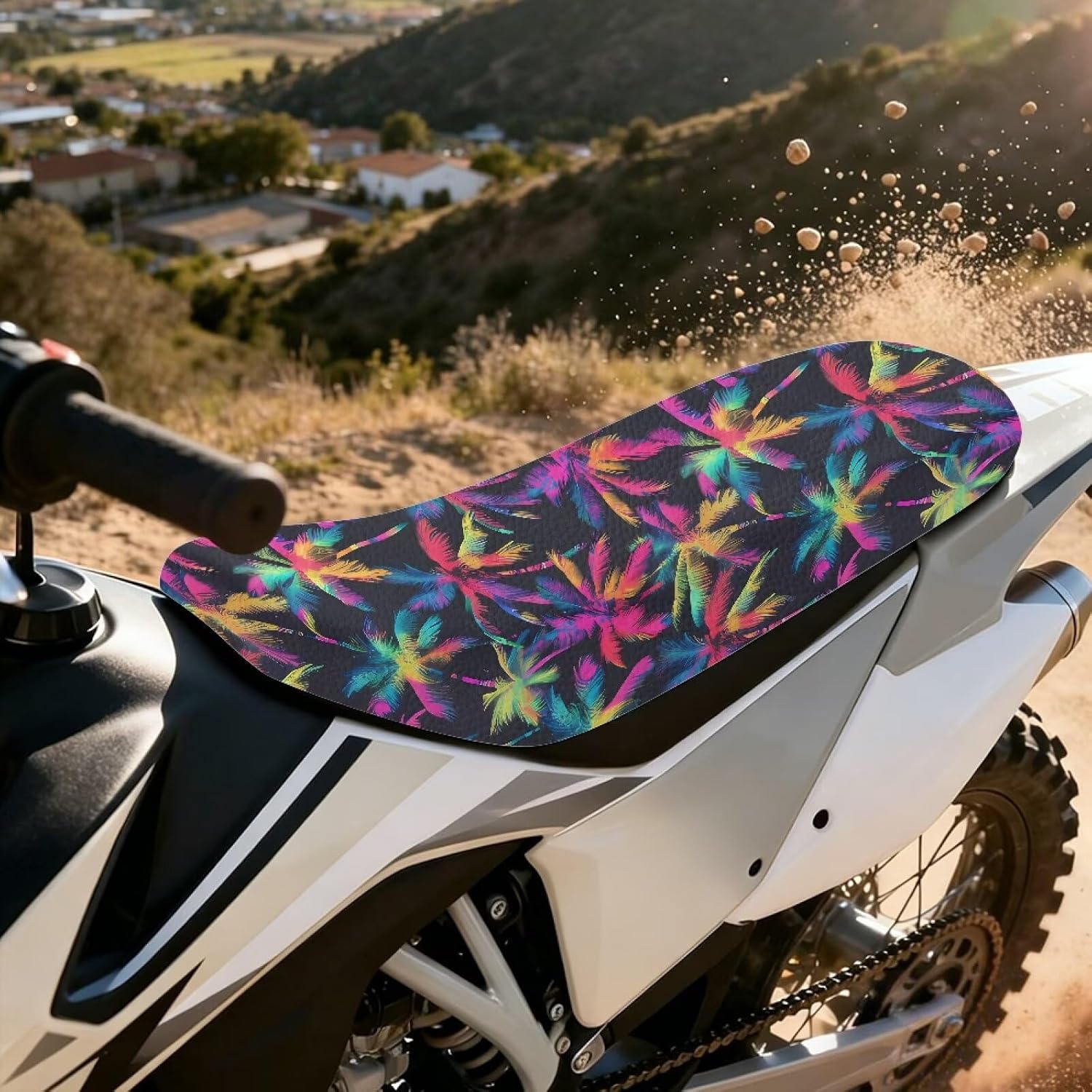 Pensura Seat Cover for Dirt Bike Colorful Beach Palm Tree Gripper Enduro Motocross Seat Cushions UV-Resistant Faux PU Leather Dirt Pit Bikes Cushion Covers for Motocross Enduro Electric Bikes