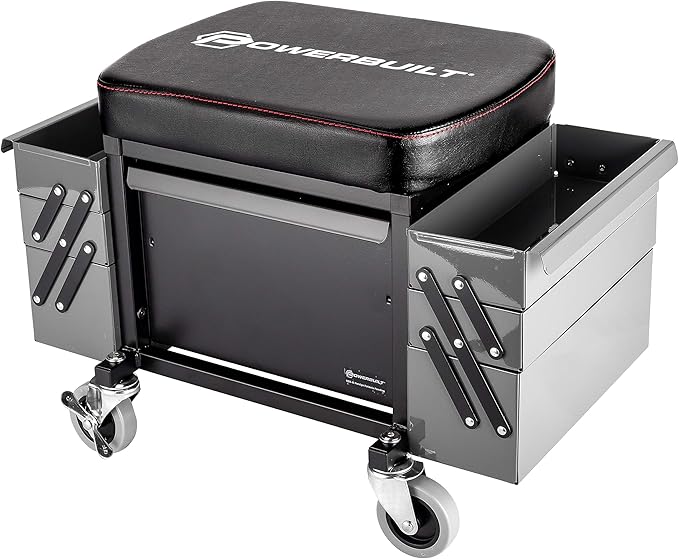 Powerbuilt Rolling Seat with Expandable Tool Trays, Roller Toolbox Garage Stool - Image 3