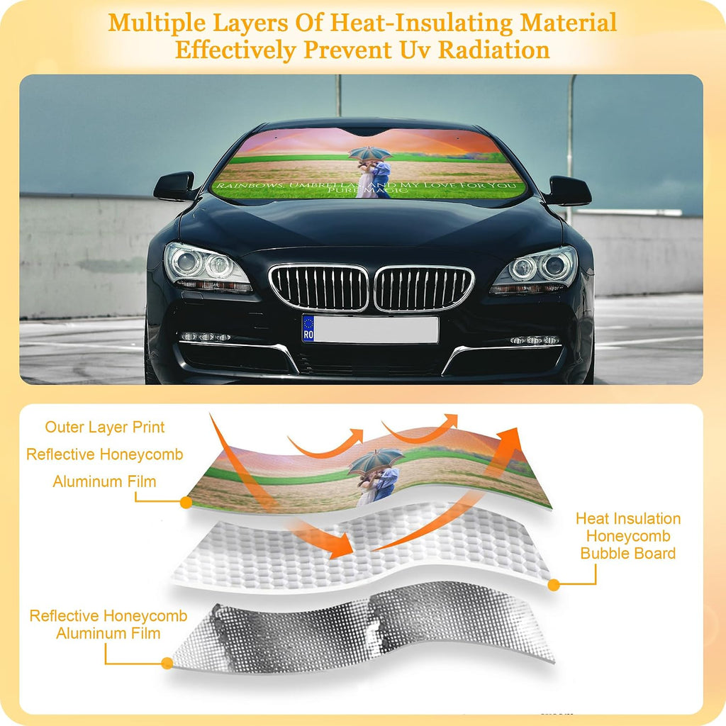 Custom Car Windshield Sun Shade Personalized Sun Visor with 1-4 Photo Design Your Own Photo Logo Text Foldable Reflective Sun Visor UV Rays Protector for Sedans SUV Trucks (1 Photo, M)