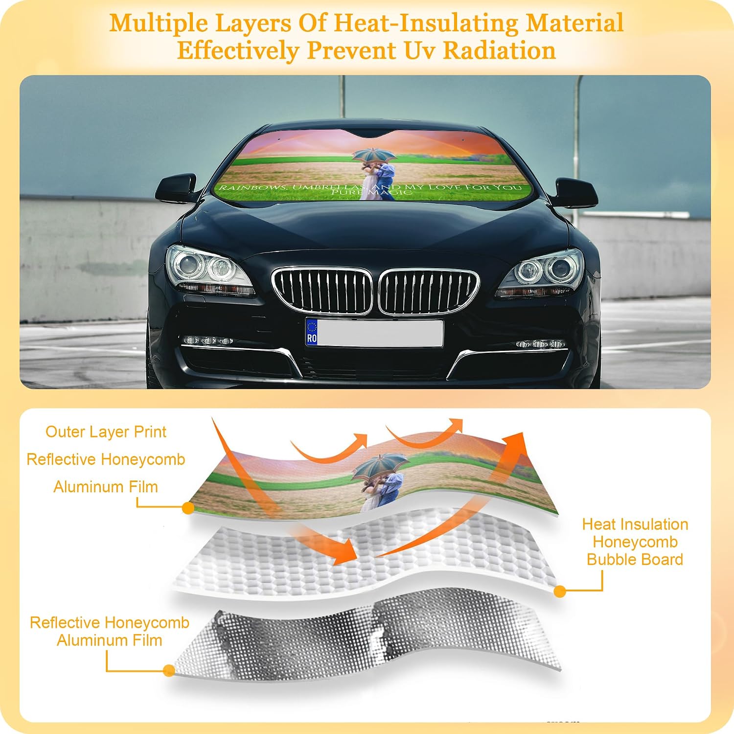 Custom Car Windshield Sun Shade Personalized Sun Visor with 1-4 Photo Design Your Own Photo Logo Text Foldable Reflective Sun Visor UV Rays Protector for Sedans SUV Trucks (1 Photo, M)