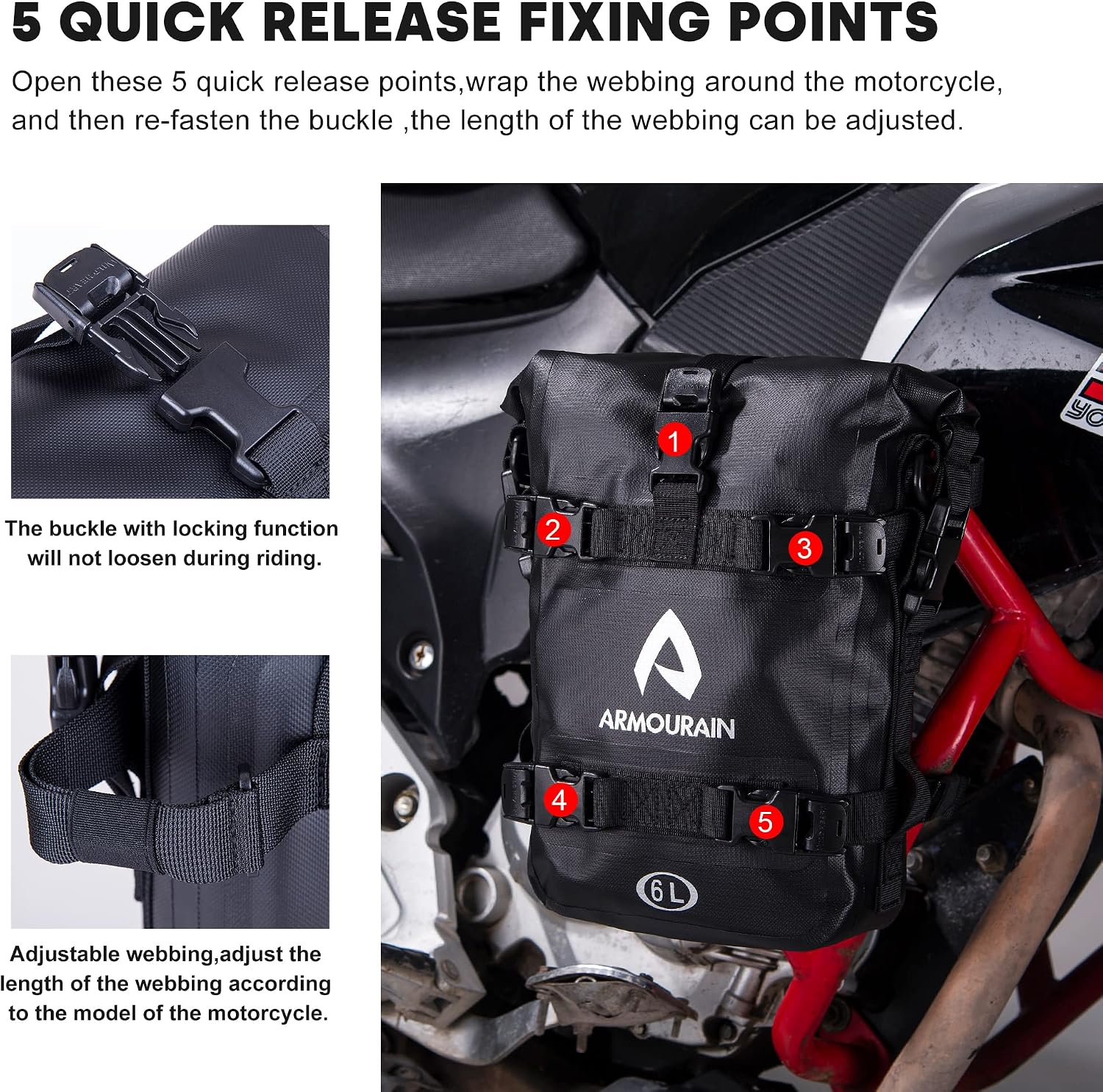 Motorcycle Bumpers Bag Waterproof 6L 8L 15L Motor Crash Bar Bag with Shoulder Strap Motorcycles Side Frame Bag Riding Tools Accessories(6L Black TPU)