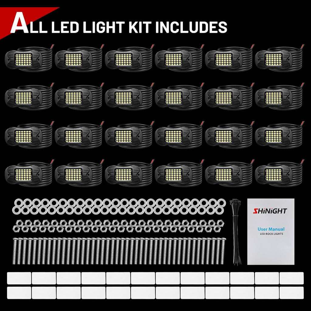 SHINIGHT 24 Pods White Rock Lights 6000K Pure White Super Bright Underglow Light,10FT/3M Extension Wires Each Light,36 LED SMD Chips,Waterproof IP68,Rock Lights for Trucks UTV ATV SUV Boats