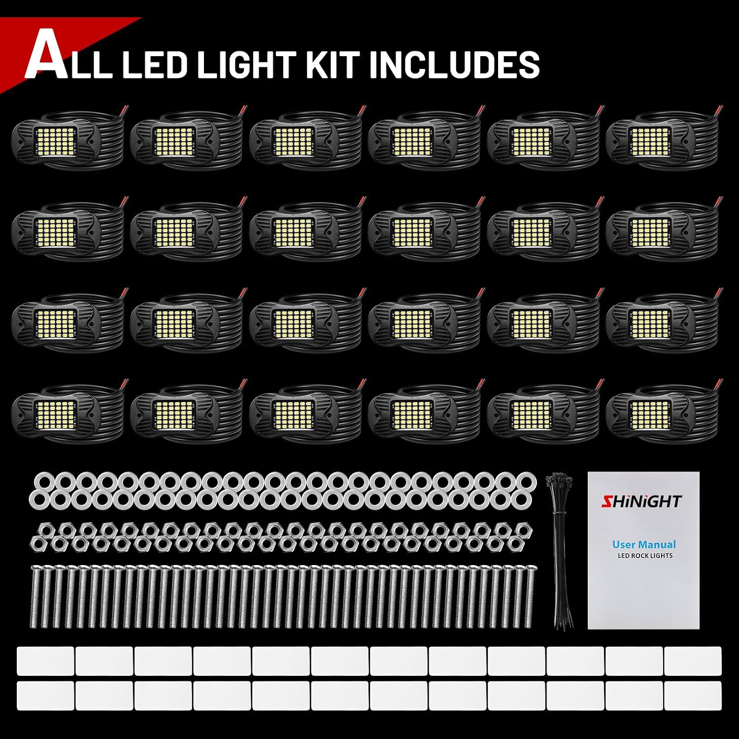 SHINIGHT 24 Pods White Rock Lights 6000K Pure White Super Bright Underglow Light,10FT/3M Extension Wires Each Light,36 LED SMD Chips,Waterproof IP68,Rock Lights for Trucks UTV ATV SUV Boats