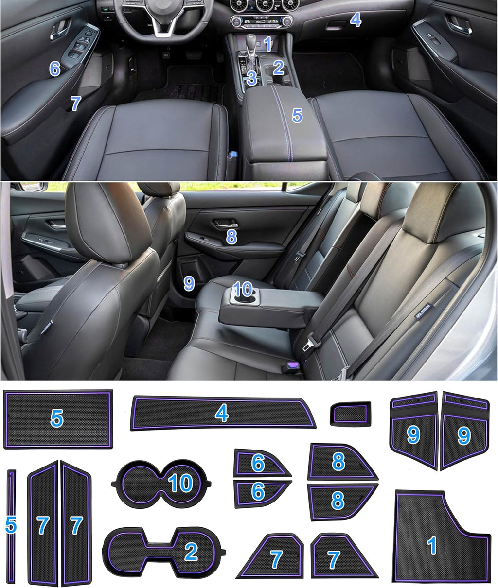 Customized Liners for Nissan Sentra Accessories 2020-2022 2023 2024 2025 3D Cup Holder Insert Liner Center Console Liner Door Pocket Mats Inserts Non-Slip Mats Pad 17-PC Set (Purple Trim)