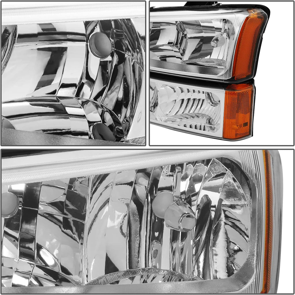 DNA MOTORING Pair Headlight Assembly Compatible with 2003-2006 Chevy Silverado 1500 2500 3500 1500 HD 2500 HD Avalanche 1500 2500, w/o Factory Cladding, Chrome/Amber, HL-OH-CS03-4P-CH-AM