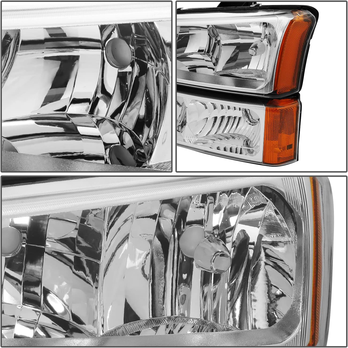 DNA MOTORING Pair Headlight Assembly Compatible with 2003-2006 Chevy Silverado 1500 2500 3500 1500 HD 2500 HD Avalanche 1500 2500, w/o Factory Cladding, Chrome/Amber, HL-OH-CS03-4P-CH-AM