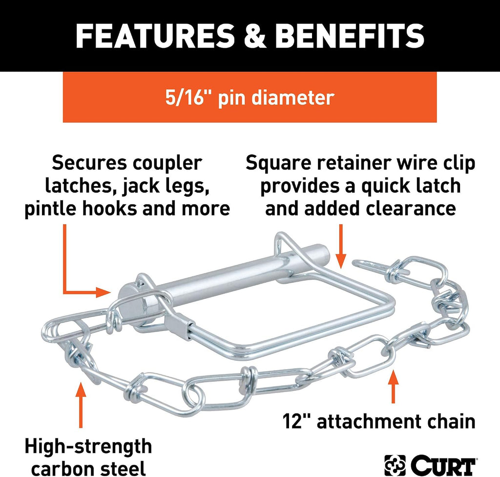 CURT 25035 Trailer Coupler Pin with 12-Inch Chain, 5/16-Inch Diameter x 3-Inch Long, Clear ZINC