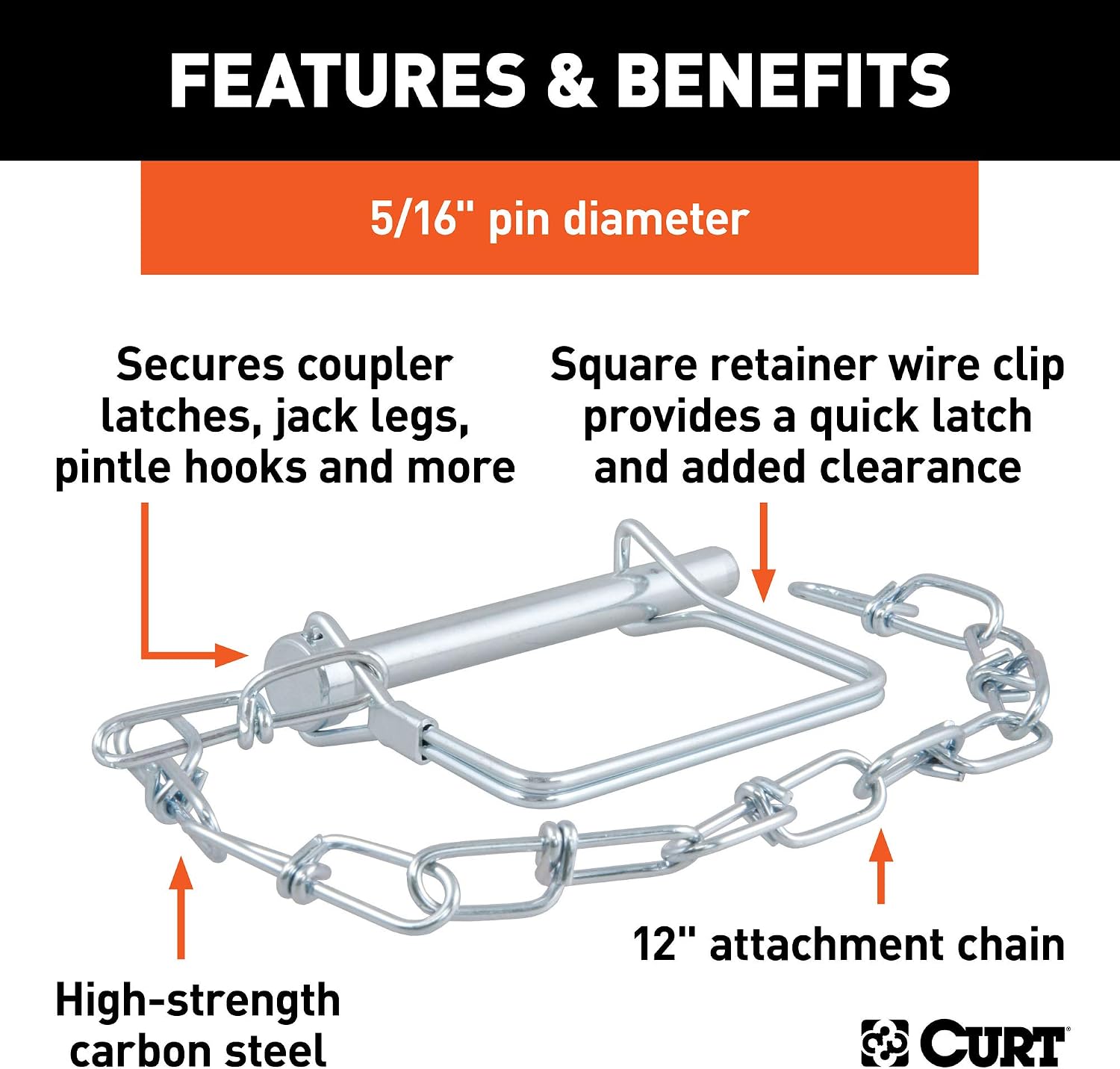CURT 25035 Trailer Coupler Pin with 12-Inch Chain, 5/16-Inch Diameter x 3-Inch Long, Clear ZINC