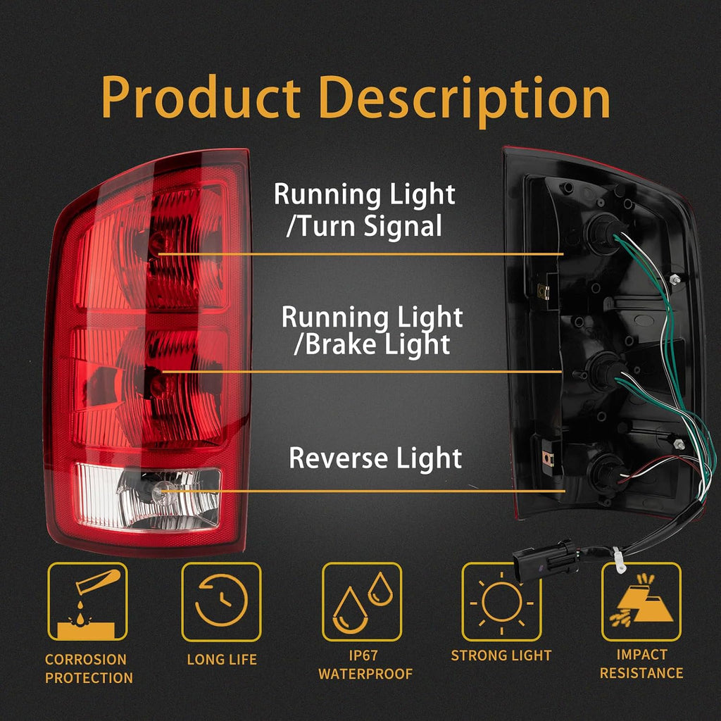 Tail Light Assembly Compatible with 2002-2006 Dodge Ram 1500 2003-2006 Dodge Ram 2500 3500 Pickup Driver and Passenger Side Taillights Rear Brake Lamps with Bulb Inside and Wiring Harness